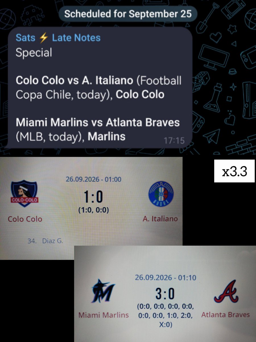 betmeteor's tweet photo. Friday's football &amp; MLB

Colo Colo vs A. Italiano - 1:0 (Football Copa Chile)
Miami Marlins vs Atlanta Braves - 3:0 (MLB) https://t.co/VitcSpDmFL
