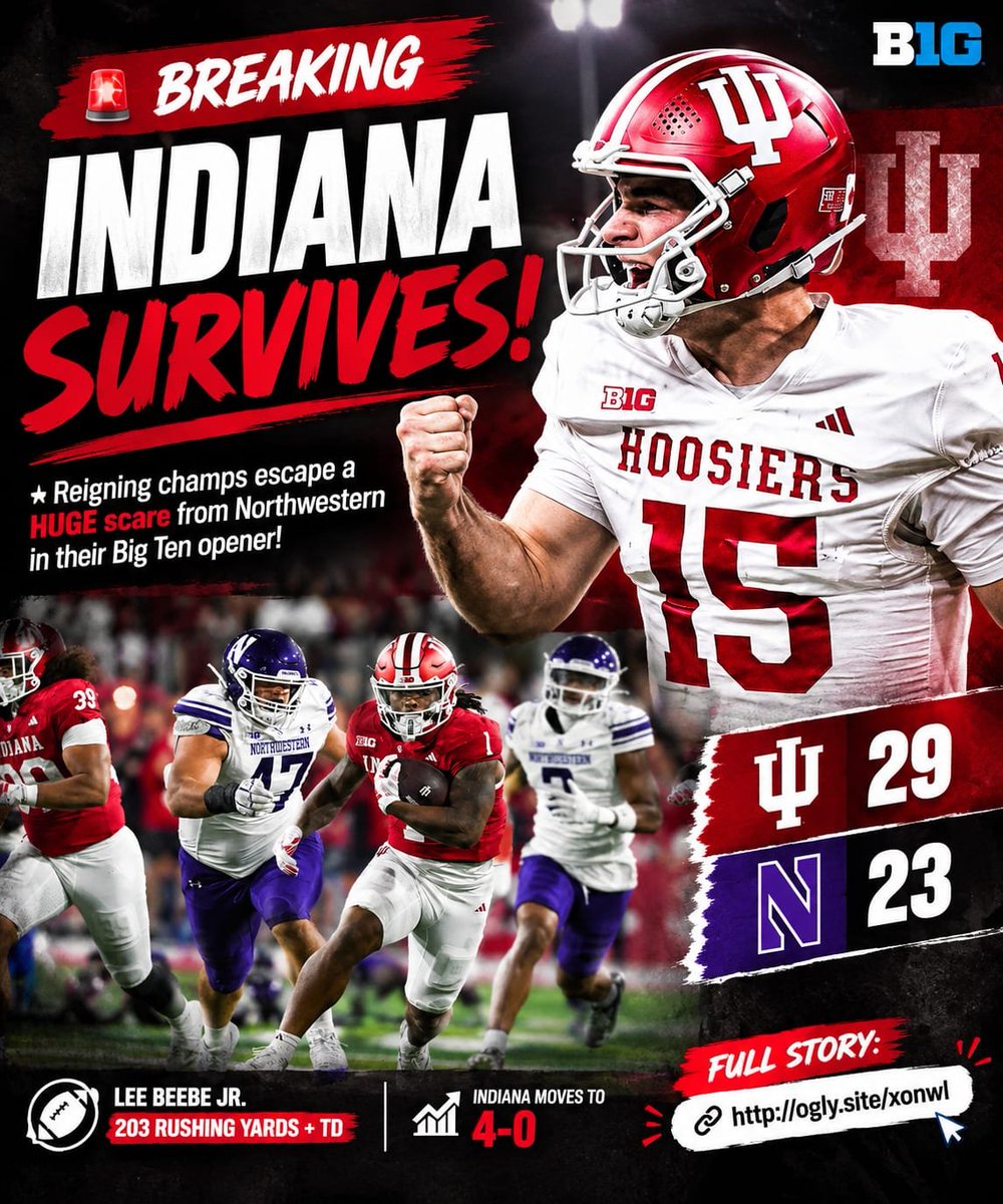 wexlerkim35's tweet photo. 🚨 WHAT A SCARE! 🚨

Reigning champion Indiana survives a MAJOR scare from Northwestern in the Big Ten opener! 😱🏈

The Hoosiers were pushed to the limit in a wild showdown.

👉 Full story &amp; all the details: https://t.co/MQEqwByXMP

#Indiana #Hoosiers #Northwestern #BigTen https://t.co/IkA8eXWdQp