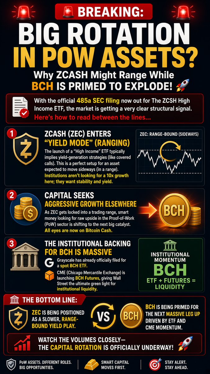 r1chf0rever's tweet photo. 🚨 ZCASH Might Range While BCH Explodes!
The ZCSH High Income ETF filing signals a big PoW capital rotation:
• zcash:native = Yield/Sideways action.
• bitcoin-cash:native = Growth via Grayscale ETF + CME Futures.
Full details in the image! 👇
#BCH #ZEC #DASH https://t.co/d3AL8cVSJl