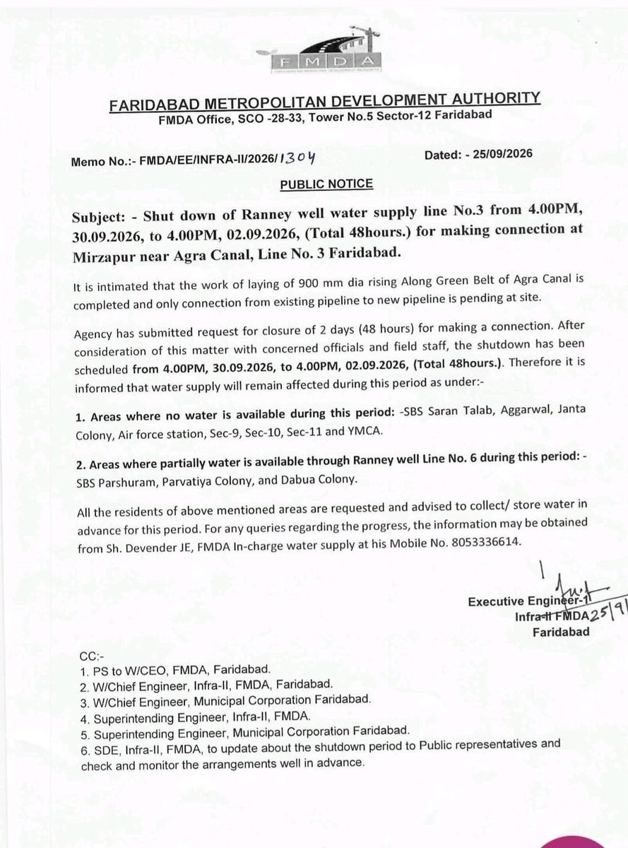 Brit98700's tweet photo. Respected Sir, 48-hr shutdown 30 Sep 4PM to 02 Oct 4PM will severely affect Sec 11, 9, 10 etc. Mere intimation is insufficient. Please ensure alternate arrangement -  deploy water tankers area-wise and share helpline. Public cannot be left in lurch.escalate to CM
@OfficialFMDA https://t.co/lvPlIagO5b