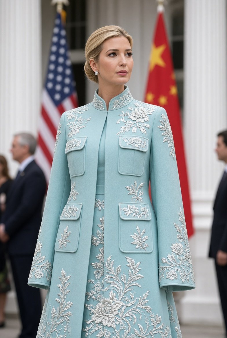 Barron302's tweet photo. When fashion becomes part of the moment. ✨🇺🇸🇨🇳
Ivanka Trump at the White House, wearing a stunning Guo Pei creation against the backdrop of the American and Chinese flags.
A powerful blend of elegance, culture, and symbolism. 👀
@IvankaTrump #IvankaTrump #GuoPei #WhiteHouse #Fas https://t.co/TmWhDhNEhr