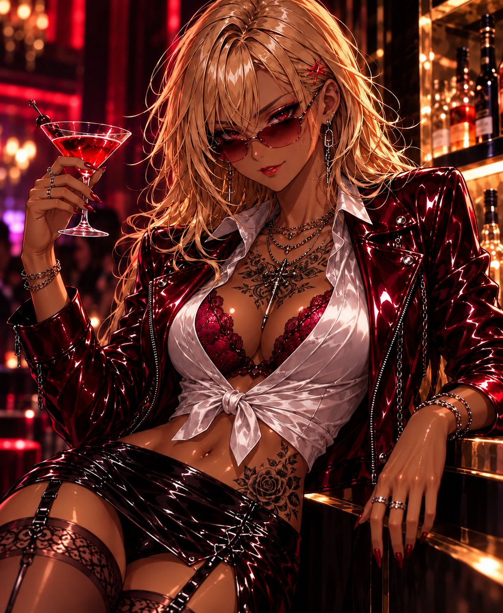 Latex_AI_Chouya's tweet photo. ヘクト・パスカーナさん、参加させていただきます‼

髪を金髪に染め、サングラスをかけた。
  
制服を脱ぎ捨て、手に入れたのはエナメル質の『赤い革ジャン』。

バーの照明を反射させながら、余裕の笑みでカクテルを傾ける姿……  

#AI実はうちの子革ジャン似合うんです #悪堕ち #ギャル堕ち https://t.co/bB3duOabnh