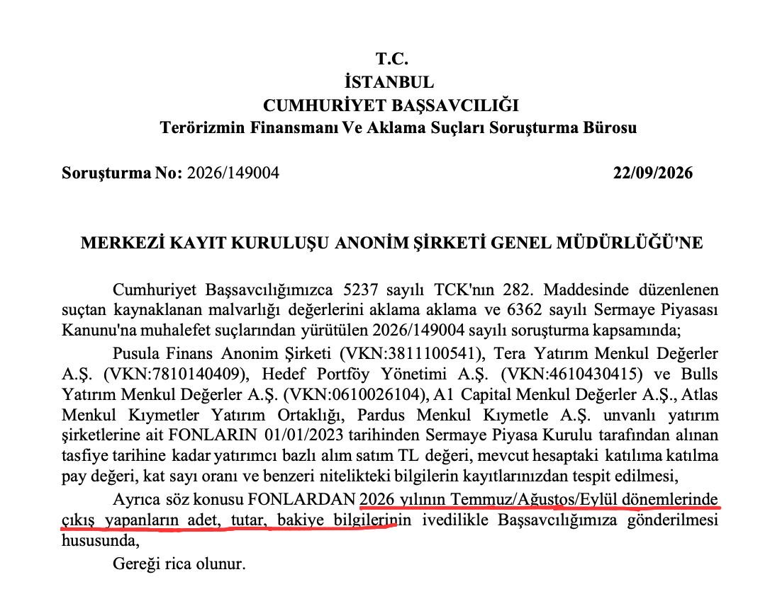 ismailsaymaz's tweet photo. İstanbul Cumhuriyet Başsavcılığı, yedi fon şirketinden 2026’nın temmuz, ağustos ve eylül aylarında çıkış yapanların adet, tutar ve bakiye bilgilerini istedi. https://t.co/Kfp1inNpUh