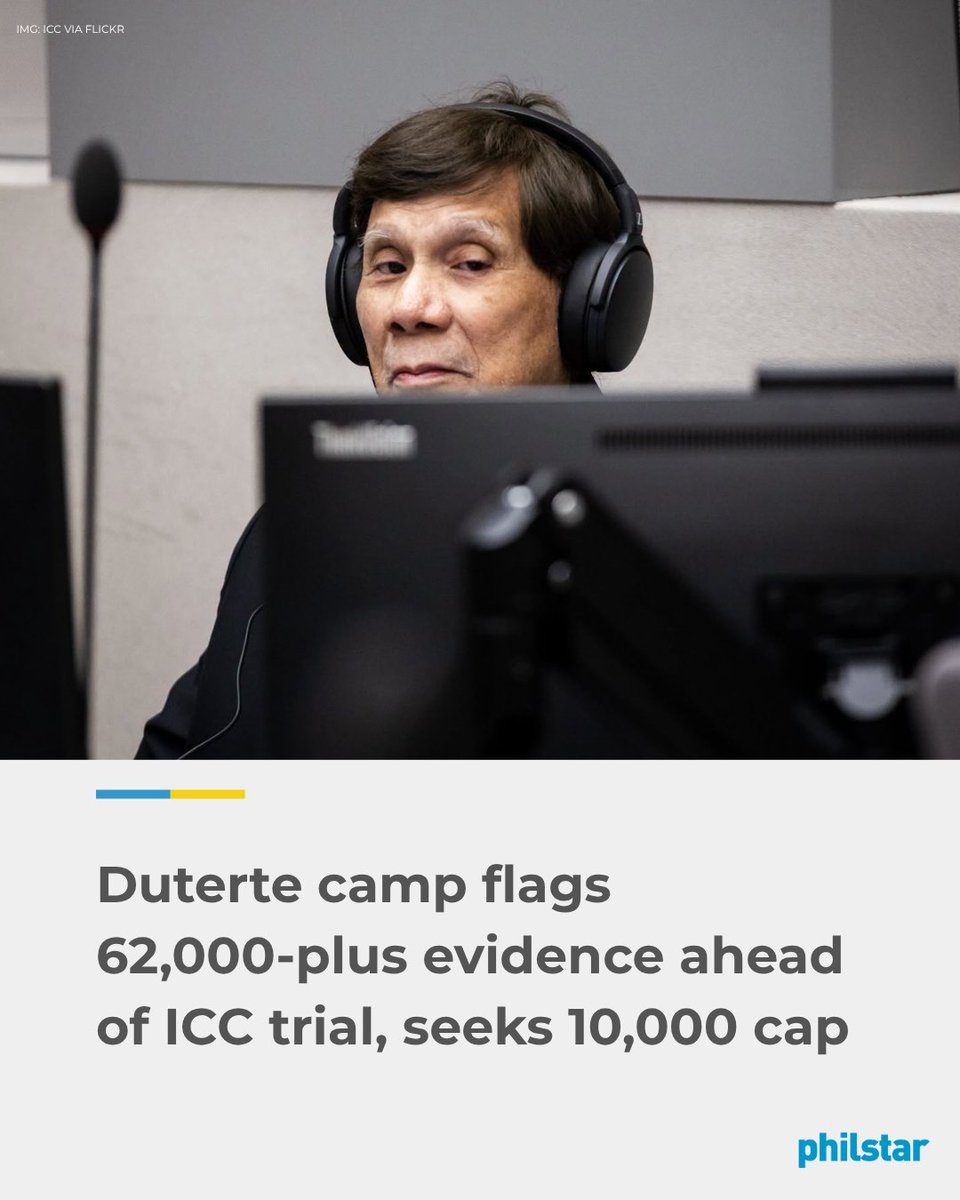 PhilstarNews's tweet photo. DUTERTE CAMP SEEKS TO LIMIT ICC CASE EVIDENCE

The defense team of former President Rodrigo Duterte has asked the International Criminal Court (ICC) to limit the prosecution’s evidence to 10,000 items, saying the case record has ballooned to more than 62,000 items ahead of his trial. #DuterteAtICC

Read: https://t.co/XZ3EaAWCsu