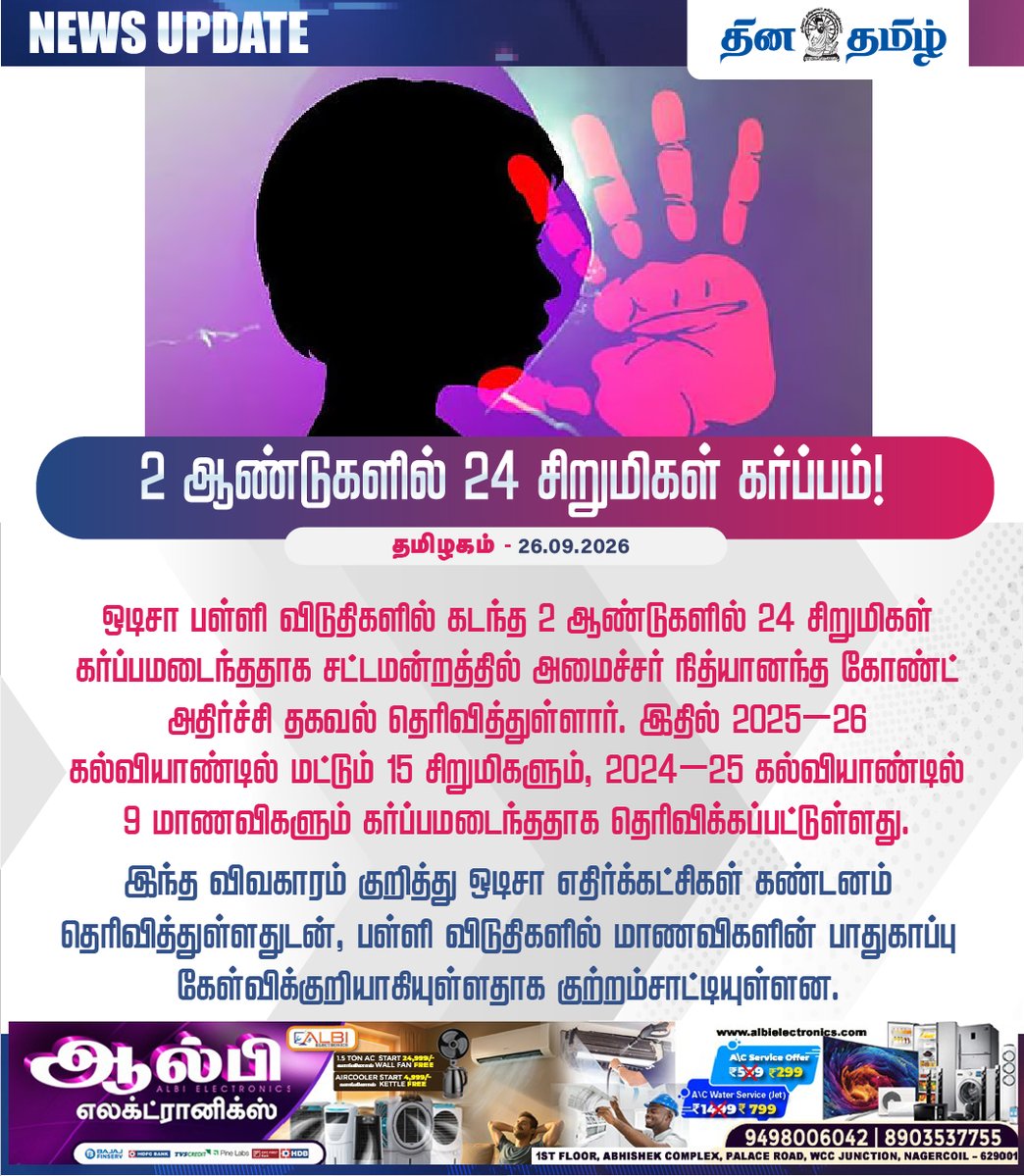 dhinatamil45554's tweet photo. #NEWSUPDATE ஒடிசா பள்ளி விடுதிகளில் 2 ஆண்டுகளில் 24 சிறுமிகள் கர்ப்பம்! #dhinatamil #dhinatamilbreakingnews #odisha #schoolhostel #studentssafety #odishanews #breakingnews https://t.co/zEA2jwS8Zd