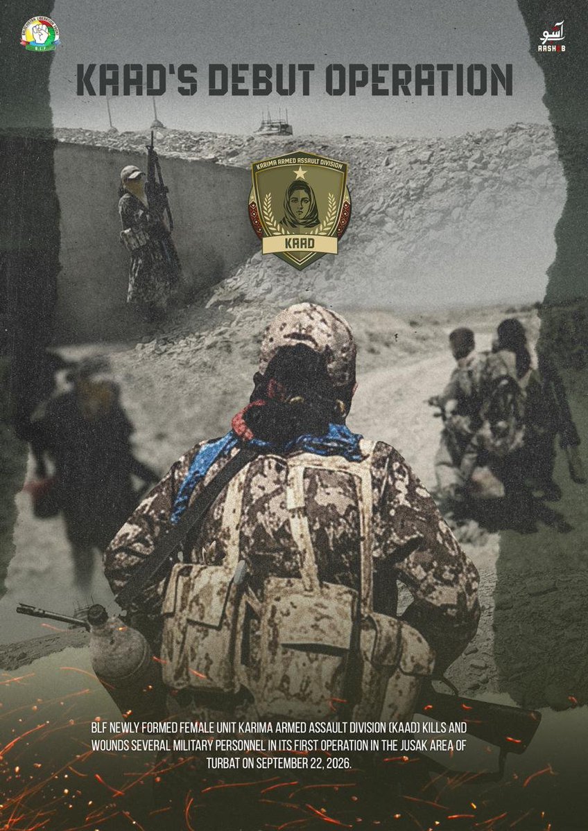 WT_OSINT's tweet photo. ����🇰 Pakistan: The Balochistan Liberation Front (#BLF) released close-combat images from a deadly attack in #Turbat, reportedly carried out by its women unit, the Karima Armed Assault Division (KAAD), along with KAAD posters. Claims unverified. https://t.co/uTtHjkH7gf