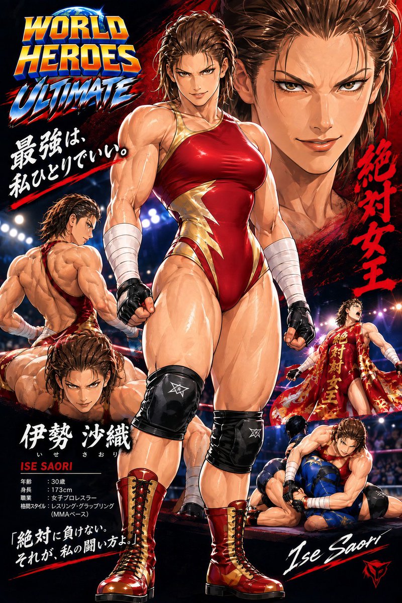 otomatsu02's tweet photo. リクエストからのワーヒー新キャラの発表。その名は“伊勢 沙織”。

敢えて似せてないですが、美人ばかりなので、強人な女性がいてもいいかなと。

ちなみにAIって、組み技寝技苦手なので、バグってる部分は無視して雰囲気で見てください。

#ワールドヒーローズ新作の開発販売させるために声をあげよう https://t.co/DD4TXPqG3m