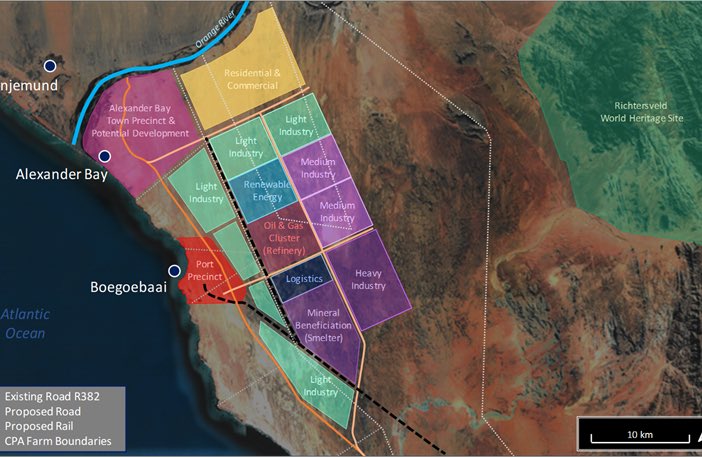 stats_wire's tweet photo. 🇿🇦 South Africa advances a $846 million Boegoebaai port and rail project in the Northern Cape, near the Namibian border.

1) The project includes 550 km of new railway linking the planned deep-water port with mining and industrial areas.

2) Boegoebaai is also planned as a hub for green hydrogen and green ammonia exports, with the Namakwa SEZ supporting new industries. Three consortia are competing for the project, with a preferred bidder expected in H1 2027.