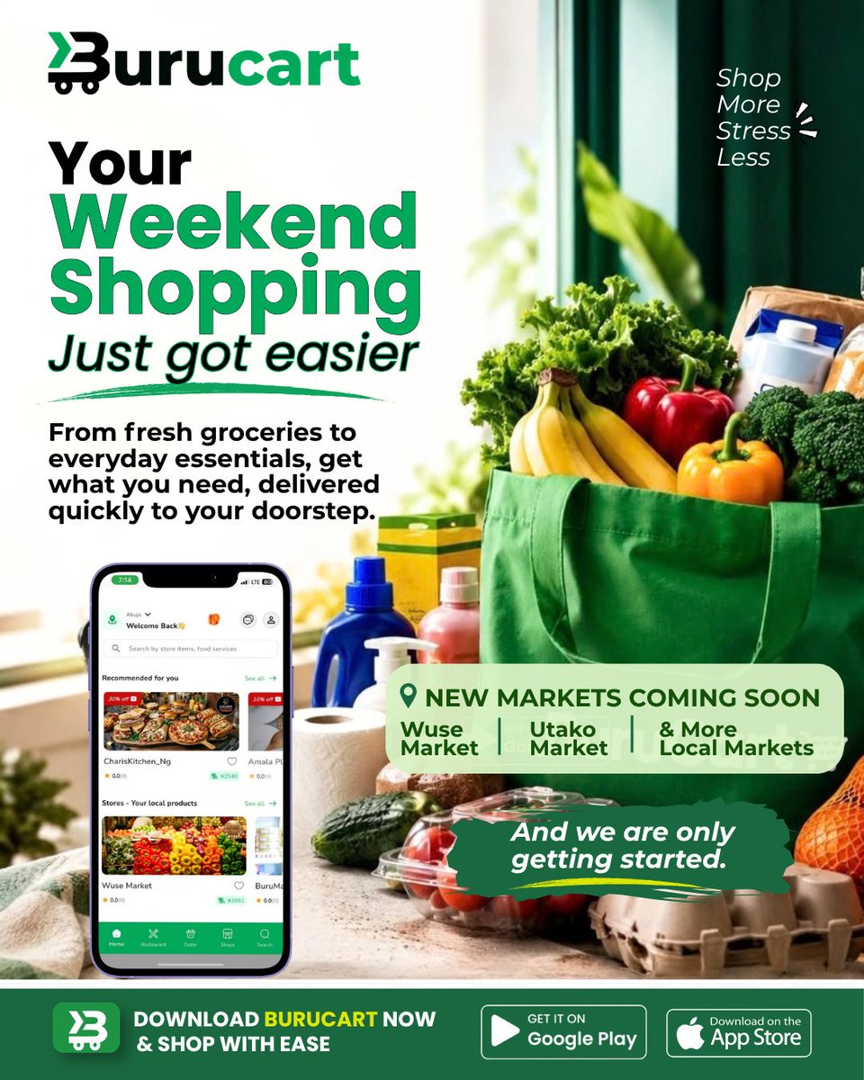 BurucartHQ's tweet photo. Gwarinpa Market? Wuse Market? Utako Market? 😩

Why stress yourself when you can have your groceries &amp; essentials brought straight to your doorstep? 🛒💚

Shop easy. Stay home. Enjoy FREE delivery on your first order. 📲🚀

#Burucart #ShopBurucart #Abuja https://t.co/IG8oOTjkvY