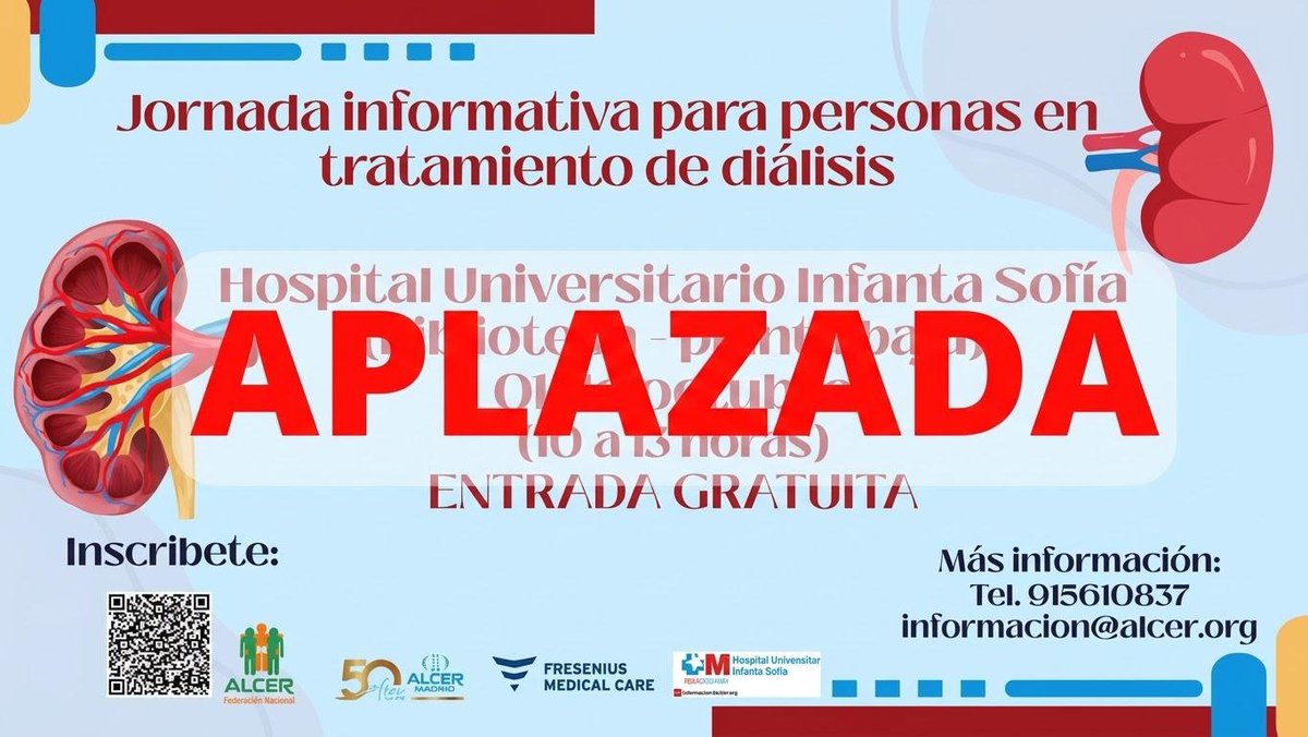 AlcerMadrid's tweet photo. La jornada informativa para personas en tratamiento de diálisis, del día 1 de octubre en el Hospital Infanta Sofía, que organizaba la Federación Nacional ALCER, junto a Fresenius Medical Care, queda pospuesta. Os informaremos de la nueva fecha elegida.
Muchas gracias. https://t.co/fB4Wubs7zn