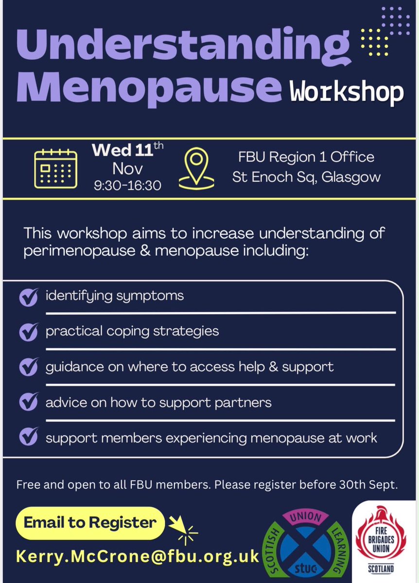 FBUScotland's tweet photo. 🌸 Understanding Menopause Workshop - delivered by “Let’s talk menopause”🌸

Join us for a full-day workshop exploring perimenopause and menopause, with practical advice, support and information to help you understand the changes and manage symptoms.

We’ll look at symptoms, coping strategies, accessing support, supporting partners and navigating menopause in the workplace.

📅 Wednesday 11th November | 9:30–16:30
📍 FBU Region 1 Office, St Enoch Square, Glasgow

💜 Open to ALL — whether you’re experiencing menopause yourself, supporting a partner, colleague or simply want to understand more.@FbuEast @FBUScotNorth @WestScotlandFBU @FBU_Scotland_EC @AngusSproul @JMcKScotRegSec