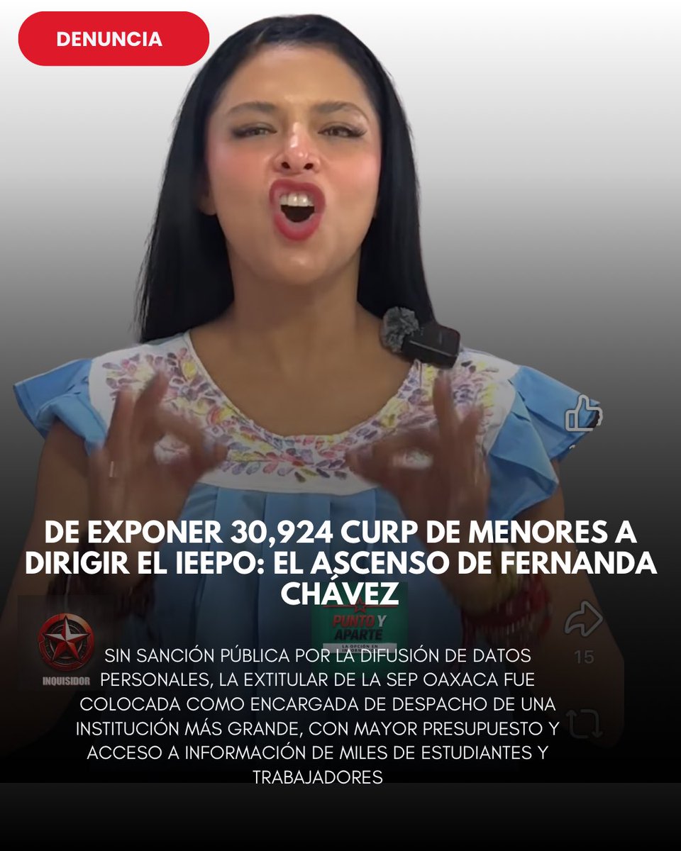 InquisidorOax's tweet photo. DE EXPONER 30,924 CURP DE MENORES A DIRIGIR EL IEEPO: EL ASCENSO DE FERNANDA CHÁVEZ

SIN SANCIÓN PÚBLICA POR LA DIFUSIÓN DE DATOS PERSONALES, LA EXTITULAR DE LA SEP OAXACA FUE COLOCADA COMO ENCARGADA DE DESPACHO DE UNA INSTITUCIÓN MÁS GRANDE, CON MAYOR PRESUPUESTO Y ACCESO A INFORMACIÓN DE MILES DE ESTUDIANTES Y TRABAJADORES

Sayda Morales Bustamante

En México exponer los datos personales de miles de adolescentes no impide recibir una responsabilidad mayor.

Magdala Fernanda Chávez Cruz pasó de encabezar la @EducacionPubOax durante la publicación de 30,924 CURP completas, correspondientes principalmente a menores aspirantes a educación media superior, a quedar como encargada de despacho del @IEEPOGobOax .

El cambio no representa una disminución de responsabilidades. Chávez Cruz quedó al frente de una institución mucho más grande, con mayores recursos públicos, una extensa estructura administrativa y acceso a información personal, académica y laboral de estudiantes, madres y padres de familia, docentes y trabajadores.

La publicación ocurrió durante el proceso de asignación de espacios de educación media superior correspondiente al ciclo escolar 2026-2027, mediante el programa “Mi Derecho, Mi Lugar”.

Las listas difundidas permitían relacionar la CURP completa de cada aspirante con el resultado de su asignación escolar. No se trataba únicamente de números estadísticos ni de folios creados especialmente para consultar los resultados: eran identificadores personales pertenecientes, principalmente, a adolescentes.

El recuento realizado sobre los documentos publicados identificó 30,924 CURP completas. La propia Secretaría informó que fueron asignadas 31,596 personas y que 95.54 por ciento obtuvo un espacio en su primera opción.

Las CURP no aparecieron accidentalmente en una captura aislada. Formaban parte de los documentos utilizados oficialmente para comunicar los resultados. Solamente después de que el caso fue exhibido, los archivos fueron retirados o sustituidos por versiones en las que los identificadores aparecían parcialmente ocultos.

La corrección posterior no eliminó la publicación original. Tampoco borró las copias descargadas, compartidas o almacenadas mientras los documentos permanecieron disponibles.

Fernanda Chávez reconoció que las CURP aparecieron en las listas. Para explicar el procedimiento señaló que había sido revisado por la Comisión Estatal para la Planeación y Programación de la Educación Media Superior, los subsistemas educativos, áreas jurídicas y un notario.

La explicación, lejos de disminuir la gravedad del caso, amplió la cadena de responsabilidad.

Si los documentos pasaron por instancias educativas, abogados y una revisión notarial antes de publicarse, la exposición de los datos no puede reducirse a la equivocación de una persona que subió el archivo incorrecto. Revela una falla institucional que atravesó distintos filtros sin que nadie detuviera la divulgación de miles de identificadores.

Posteriormente, la funcionaria informó que las áreas jurídicas habían modificado la forma de presentar los resultados. También declaró que algunas capturas o tablas difundidas en redes sociales habían sido alteradas o generadas con inteligencia artificial.

Pero señalar posibles manipulaciones en redes no elimina el hecho central reconocido por la propia dependencia: las CURP completas sí aparecieron en las listas y los documentos tuvieron que ser sustituidos.

El movimiento la llevó de una dependencia involucrada en la exposición de datos de aspirantes a otra institución que administra una estructura considerablemente mayor y dispone de más recursos, personal, planteles, expedientes y bases de datos.

#Oaxaca 

@salomonj @Fiscaloaxaca @RaulBCCue @RenchoPalacios  @Nino_Morales1 @saymipinedav @GobOax @jesusromerooax @Claudiashein  @efektoaguila @Bravo_mm @DimePetri @JJDiazMachuca @PeatonVigilante @SEGOB_mx @HonestidadOax @lumendoz @ASFE_OAXACA @Admon_GobOax @rito_noel  @OHarfuch @SEP_mx @EducacionPubOax