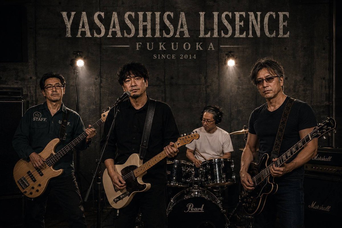 Variouscolors1's tweet photo. 次回 Vol.25 出演者の情報です。
・バンド名 : Yasashisa Lisence  

福岡を拠点に活動する4人組ロックバンドです。
エモーショナルなギターサウンドと力強いライブパフォーマンスを武器に、観る人の心を揺さぶるステージを目指しています。

音楽を楽しむ時間を、ぜひ会場で一緒に。 https://t.co/5xP398jSPJ