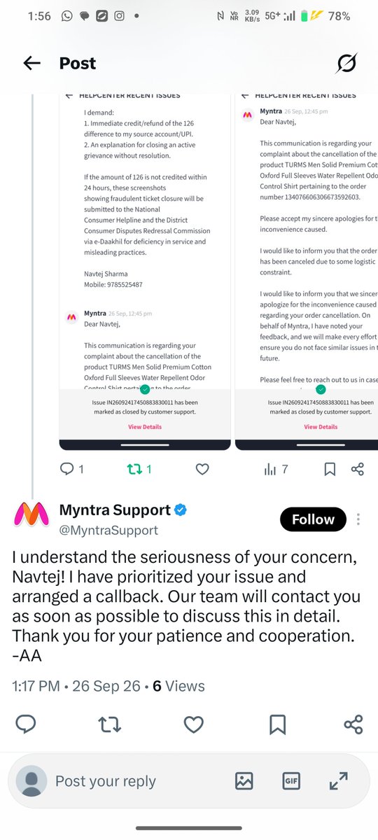 sharma_navtej's tweet photo. Bot -AA back with same loop @myntrasupport!
• 12:51: Closed ticket
• 1:00: -SH says case done
• 1:17: -AA arranges "callback"!  
​Stop this circus. You owe ₹126, refund it directly @jagograhakjago! NCH #10197586 https://t.co/D7e0WnnYcz
