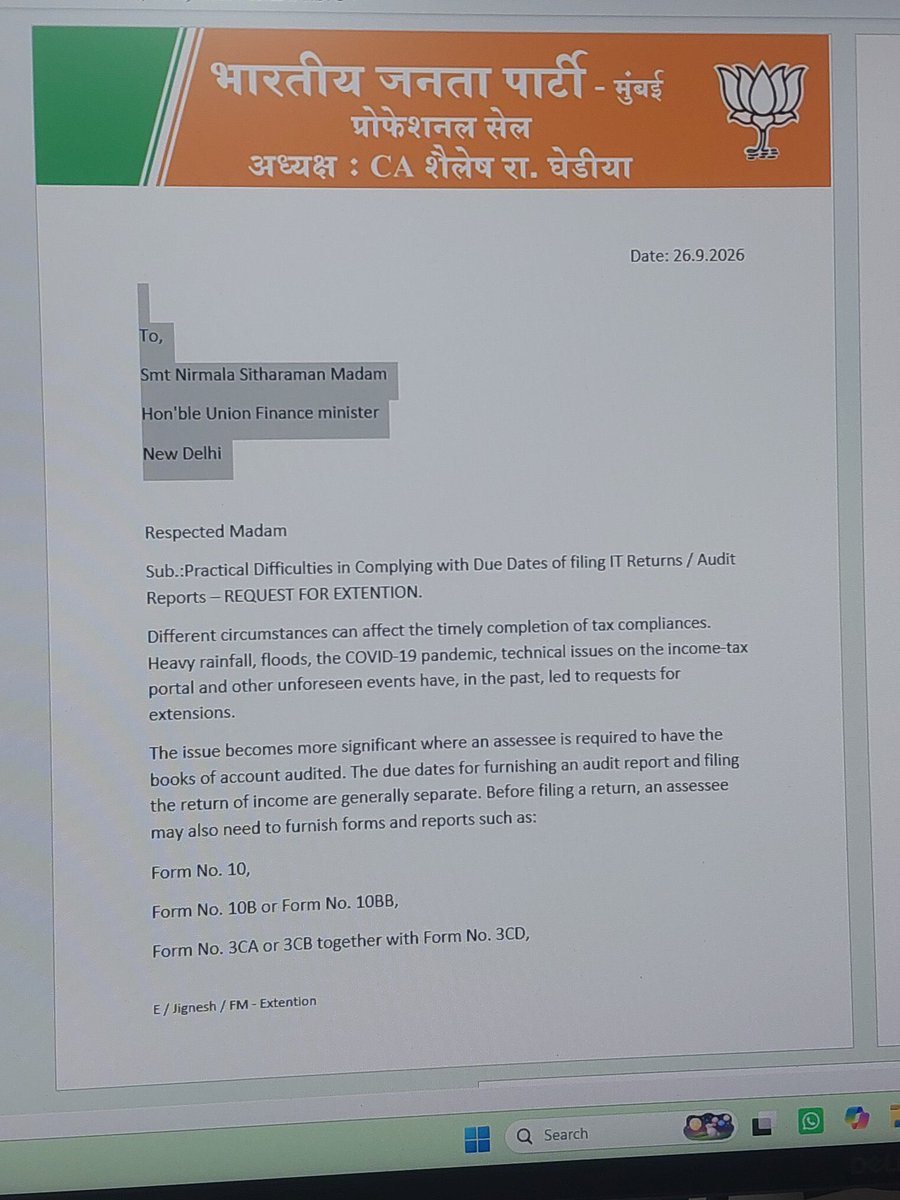 CA_Satyasharma's tweet photo. Representation by BJP Professional Cell Mumbai for due date extension 

#ExtendTaxAuditDueDate https://t.co/dGi2icbafV