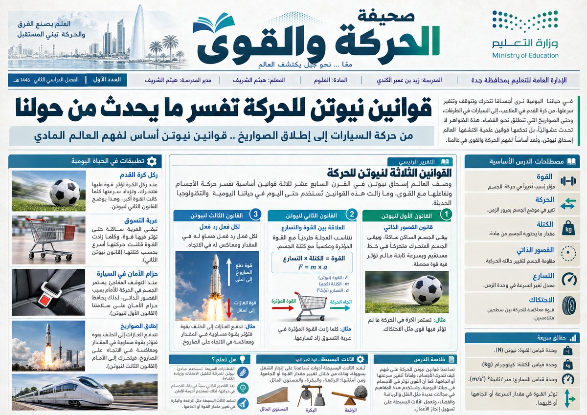 halshareif's tweet photo. ماذا لو تحوّل درس واحد… 
إلى صحيفة يتصفّحها الطالب بشغف؟ 📰

شكرًا @basmah14271 على الفكرة الجميلة

حوّل أي درس إلى صحيفة تعليمية حقيقية بأعمدة، عناوين، صور ومحتوى ذكي يتكيّف مع المادة والمرحلة.

اكتب بياناتك واسم الدرس فقط… 
وجرّب البرومبت الآن، وشاركنا صحيفتك التعليمية.

⚪️#البرومبت :

تصرّف كأنك خبير مناهج سعودية + خبير تربوي + رئيس تحرير صحف + كاتب محتوى تعليمي + مصمم Editorial Design + مخرج فني + مدقق لغوي عربي صارم.

المدخلات

الإدارة التعليمية: [ ]
المدرسة: [ ]
الاسم: [ ]
مدير/مديرة المدرسة: [ ]
المادة: [ ]
الدرس: [ ]
المهمة

حوّل الدرس المدخل فقط إلى صحيفة تعليمية أفقية احترافية تبدو كجريدة حقيقية، وليست إنفوجرافيك أو ورقة عمل.
افهم تلقائيًا من المادة والدرس:
المرحلة الدراسية، مستوى المتعلمين، طبيعة المحتوى، المصطلحات الأساسية، الأمثلة المناسبة، ونبرة الكتابة، ثم ابنِ الصحيفة بما يناسب ابتدائي أو متوسط أو ثانوي دون طلب بيانات إضافية.

تكيف تلقائيًا مع جنس المستخدم والمدرسة، واستخدم الصياغات الصحيحة مثل:
المعلم/المعلمة – المدير/المديرة – الطلاب/الطالبات وفق المعلومات المتاحة، دون افتراضات عشوائية.
بناء الصحيفة

صمّم صفحة أفقية واحدة عالية الدقة بتكوين صحفي حقيقي، وتشمل بذكاء:
ترويسة صحفية + اسم الصحيفة المستمد من الدرس + عنوان رئيسي قوي + افتتاحية قصيرة + عدة أعمدة صحفية + خبر أو تقرير رئيسي + معلومة سريعة + مصطلحات الدرس + أمثلة أو تطبيقات + صندوق «هل تعلم؟» عند ملاءمته + خلاصة تعليمية قصيرة + صور ورسوم وأيقونات مرتبطة مباشرة بالدرس.
لا تفرض أقسامًا ثابتة؛ اختر عدد الأعمدة والأقسام والمحتوى تلقائيًا حسب طبيعة الدرس.

اجعل الصور والرسومات وكأنها صور صحفية تعليمية حقيقية مرتبطة بالمحتوى، وليست زخارف أو حشوًا.
الترويسة
أظهر بشكل أنيق وغير مزدحم:
الإدارة التعليمية – اسم المدرسة – المادة – اسم المعلم/المعلمة – مدير/مديرة المدرسة.

قواعد إلزامية

العربية RTL بالكامل من أقصى اليمين إلى اليسار، بما في ذلك الأعمدة والعناوين والجداول.

خالية تمامًا من الأخطاء الإملائية والنحوية.
لا تخترع معلومات خارج مضمون الدرس.
لا تكرر المحتوى بين الأعمدة.

لا تستخدم نصوصًا وهمية أو أحرفًا مشوهة.
لا تجعل التصميم طفوليًا للمتوسط والثانوي، ولا معقدًا للابتدائي.
هوية بصرية موحدة واحترافية.
تسلسل بصري واضح كصحيفة مطبوعة حقيقية.
خلفية ورقية صحفية نظيفة مع مساحات بيضاء مدروسة.
ممنوع Collage أو Mockup أو عرض الجريدة داخل هاتف أو فوق طاولة.
الإخراج
أنشئ الصحيفة النهائية مباشرة كصورة أفقية واحدة فقط، جاهزة للطباعة والعرض، دون شرح أو تحليل أو مقدمة نصية خارج التصميم.

.
#برومبت #برومبت_تعليمي #الذكاء_الاصطناعي #ChatGPT