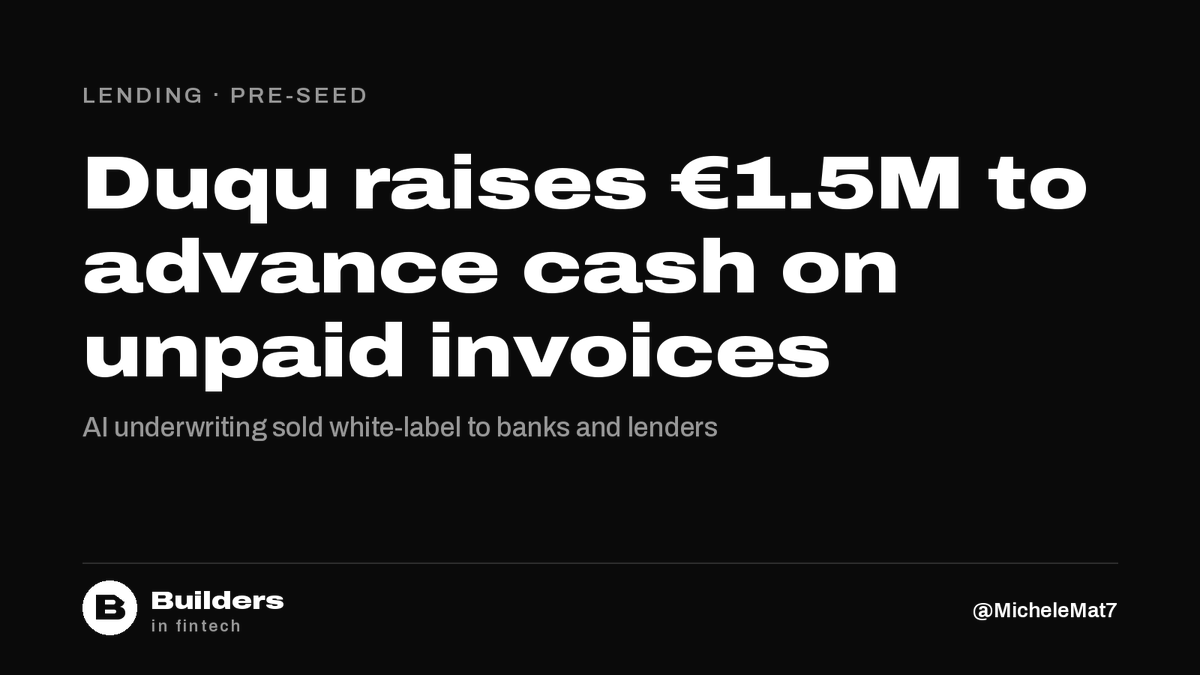 MicheleMat7's tweet photo. Duqu raises a €1.5M pre-seed from Curiosity VC and No Such Ventures.

The Amsterdam startup advances cash against unpaid B2B invoices without buying them, and licenses its AI underwriting engine, which automates about 95% of credit assessment, to banks and lenders. https://t.co/1z5Vz832U0