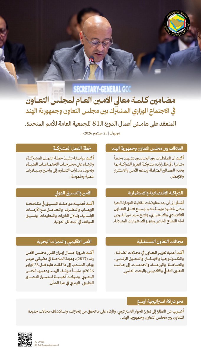 GCCSG's tweet photo. أبرز مضامين كلمة معالي الأمين العام لمجلس التعاون @jasemalbudaiwi، في الاجتماع الوزاري المشترك بين دول مجلس التعاون وجمهورية الهند، المنعقد على هامش أعمال الدورة الـ81 للجمعية العامة للأمم المتحدة.

@MEAIndia 

#مجلس_التعاون_UNGA81
#الأمم_المتحدة
#نيويورك https://t.co/3kZD3QKGVh