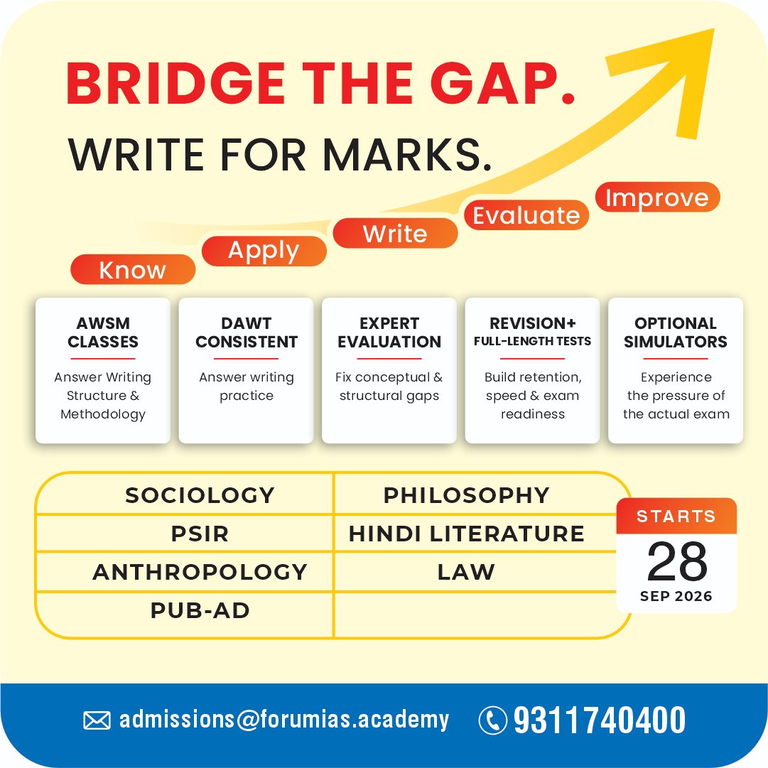 ForumIAS's tweet photo. STUDIED YOUR OPTIONAL. STILL NOT SCORING 300+?

OGP 2027 bridges that gap through:

AWSM → DAWT → Evaluation → Revision Tests → Full-Length Tests → Optional Simulators
To register https://t.co/zdb7pRrxBF https://t.co/eYYW3pp9NT
