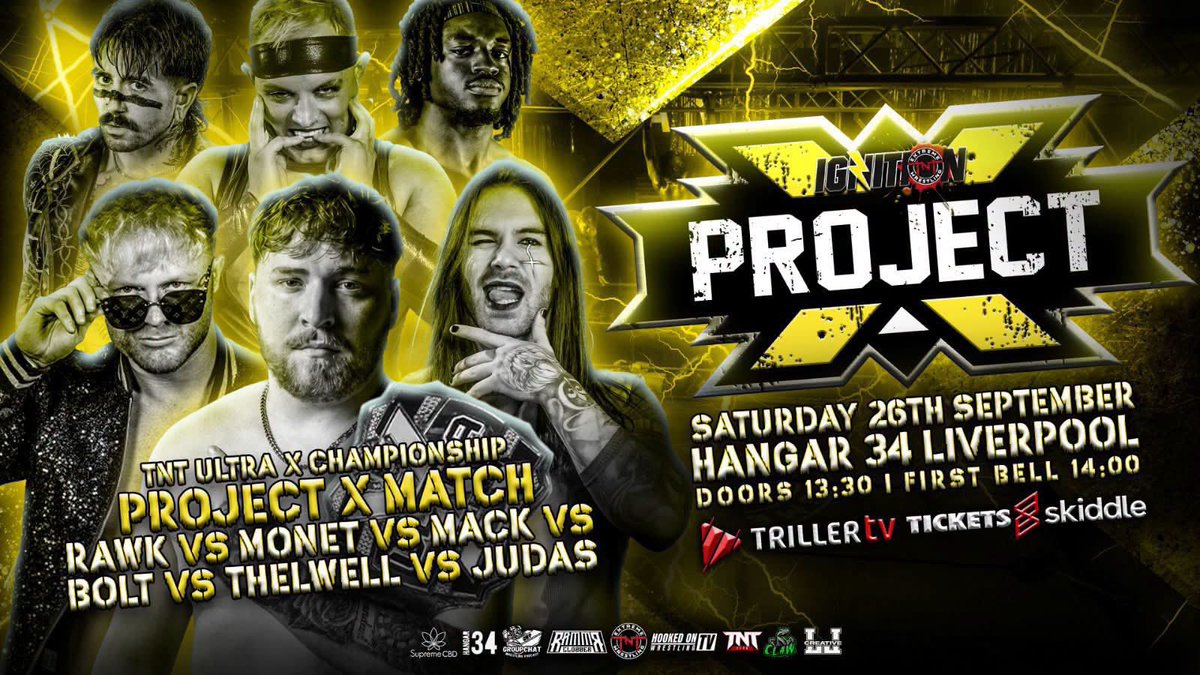 JoeScottMFC's tweet photo. Today @TNTExtremeWres #TNTIGNition at @TheHangar34 in Liverpool
Project X Match for the TNT Ultra X Championship
@TomThelwell02 v @AdamBolt_ v @JudasGreyPW v @ScottyRawk v @CheMonetUK v Denzel Mack https://t.co/F1FPL1ARZk