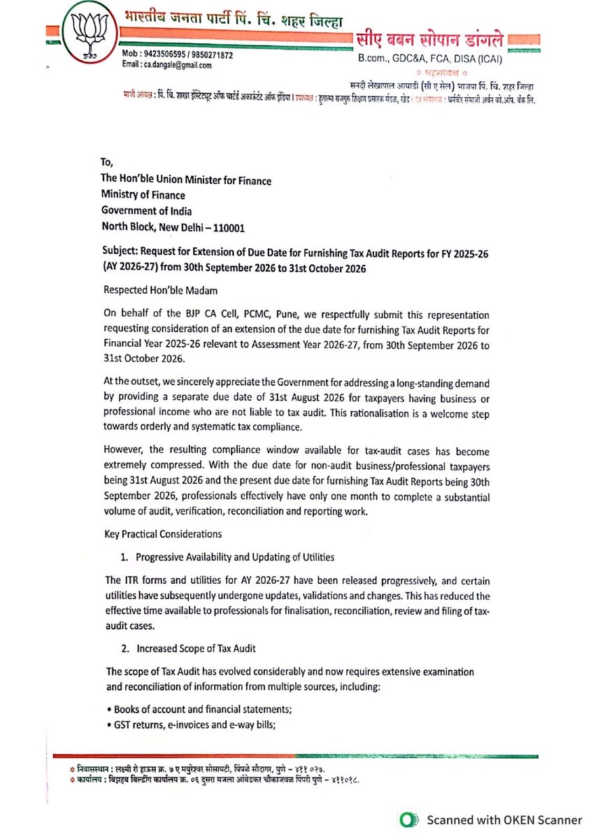 CAAmol_Ingle's tweet photo. On behalf of the PCMC BJP CA Cell, we kindly request you @FinMinIndia @IncomeTaxIndia @nsitharamanoffc to extend the Tax Audit due date for FY 2025-26 to 31st October 2026.

We request your kind consideration of this demand.

BJP PCMC CA Cell

@Dev_Fadnavis 
@RaviDadaChavan https://t.co/V4KIrIFuR1