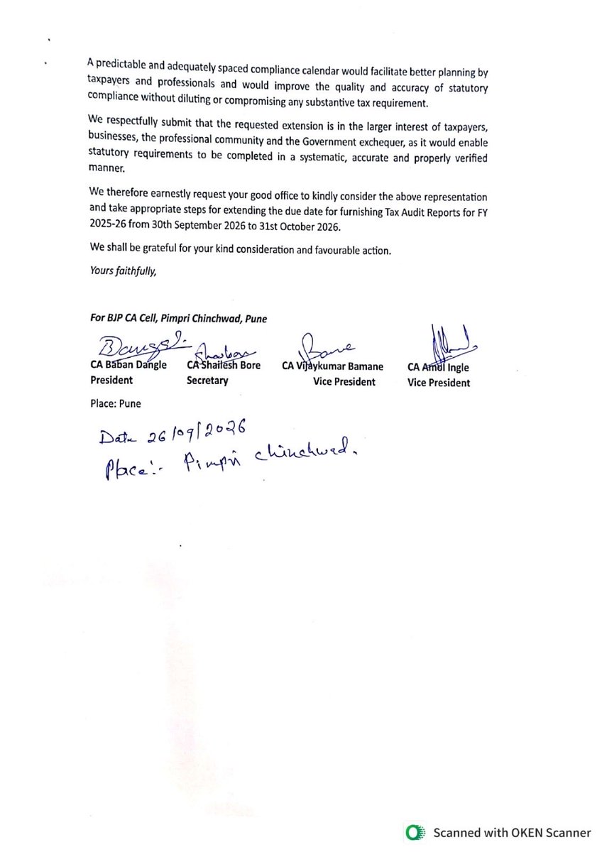 CAAmol_Ingle's tweet photo. On behalf of the PCMC BJP CA Cell, we kindly request you @FinMinIndia @IncomeTaxIndia @nsitharamanoffc to extend the Tax Audit due date for FY 2025-26 to 31st October 2026.

We request your kind consideration of this demand.

BJP PCMC CA Cell

@Dev_Fadnavis 
@RaviDadaChavan https://t.co/V4KIrIFuR1