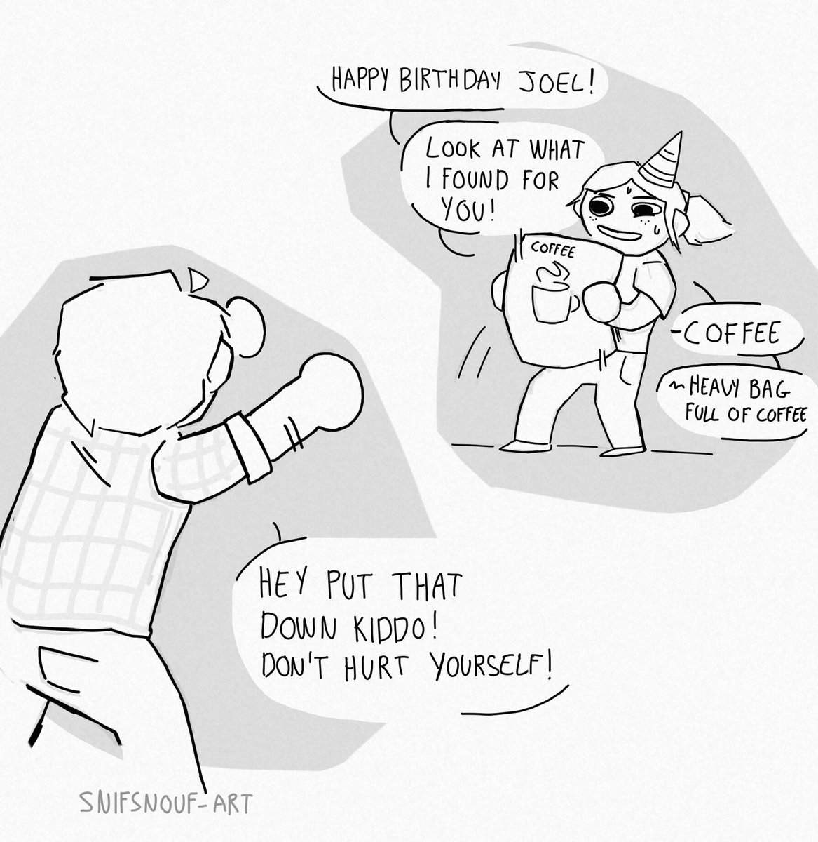 Snifsnouf_art's tweet photo. Happy birthday Joel! A new year to love you even more 🥹✨

I made some funny drawings for the occasion. Joel being impatient to eat his birthday cake and mini Ellie giving her present to mini Joel 🥹

#joelmiller #elliewilliams #TheLastOfUs https://t.co/Dd011cCAH9