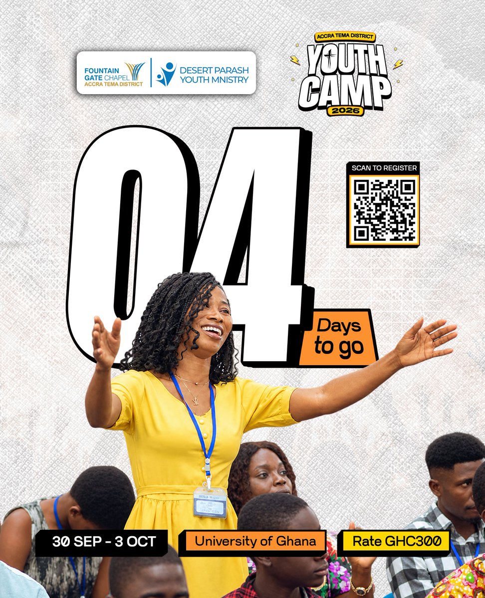 desertparash_tm's tweet photo. The wait is almost over!
4 DAYS TO GO
Desert Parash, are you ready?
Accra-Tema District Youth Camp 2026
📅 Sept 30 - Oct 3
💰 GHC300
#ATDYC26 #DesertParash #WeAreTheMinistry #FountainGateChapel https://t.co/tLB7vhOv8o