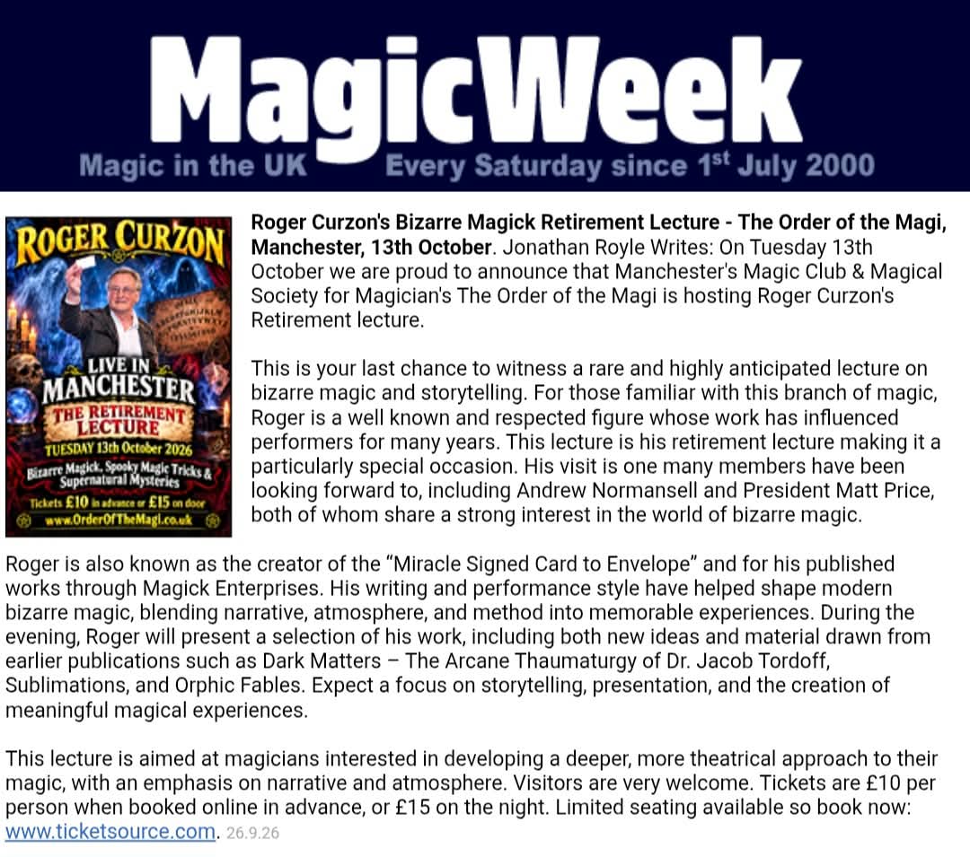 OrderOfTheMagi's tweet photo. ROGER CURZON'S RETIREMENT MAGIC LECTURE  

Tues 13th Oct

Bizarre Magick &amp; Storytelling Spooky Mentalism at Manchester's Magic Club &amp; Magical Society for Magician's The Order of the Magi

https://t.co/qX8emLGcnv 

Tickets £10 in advance or £15 on night

#Magick #Magic #Manchester https://t.co/w9q5DQSZN0