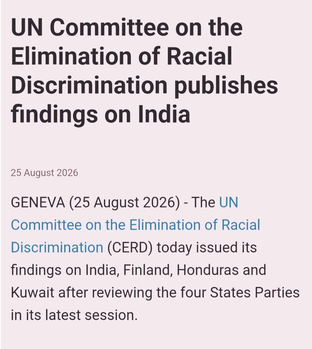 SurajKrBauddh's tweet photo. United Nations against caste violence.

UN Committee on the Elimination of Racial Discrimination (CERD) strongly condemned large scale caste violations in India against SC-STs perpetrated by govt institutions.

Thanks to @UN_HRC for addressing the pain of crores of Dalits and tribals and calling out this ongoing institutional brutality. 

All International human rights bodies must prioritise caste violence as a global human rights concern. Caste humiliates, segregates, and kills Dalits in every way across India.