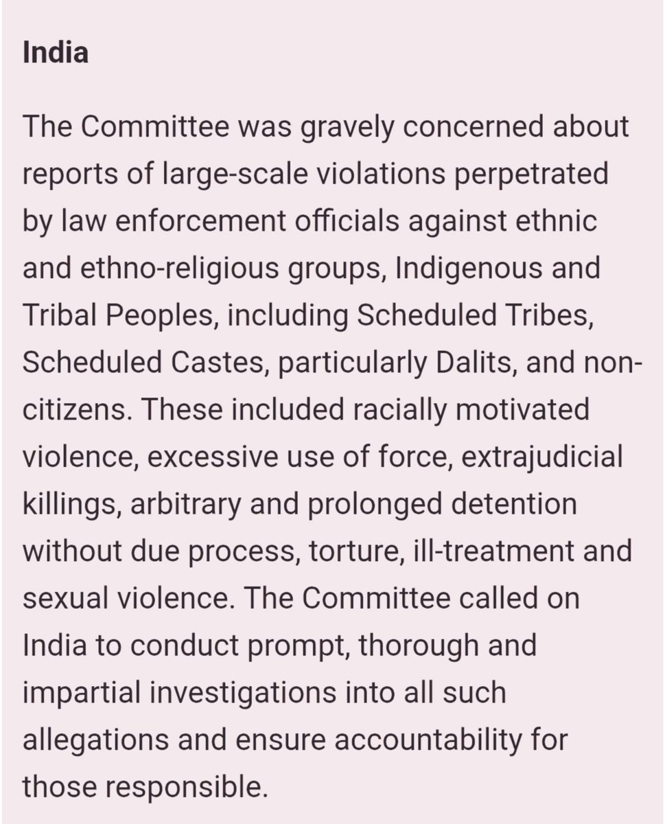 SurajKrBauddh's tweet photo. United Nations against caste violence.

UN Committee on the Elimination of Racial Discrimination (CERD) strongly condemned large scale caste violations in India against SC-STs perpetrated by govt institutions.

Thanks to @UN_HRC for addressing the pain of crores of Dalits and tribals and calling out this ongoing institutional brutality. 

All International human rights bodies must prioritise caste violence as a global human rights concern. Caste humiliates, segregates, and kills Dalits in every way across India.