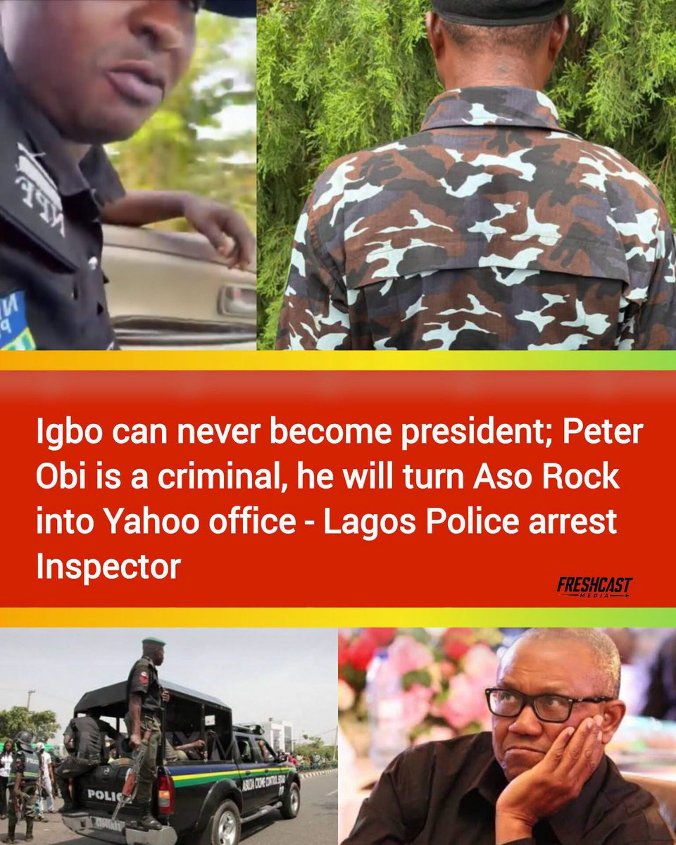 HonestNarrativ's tweet photo. Breaking: Lagos Police have arrested Inspector Osumah Frank over a viral video in which he allegedly made ethnic and political remarks against Peter Obi, including saying an Igbo person can never become president.

The Lagos State Police Command said disciplinary action has begun, stressing that his comments were made in his personal capacity and do not represent the Nigeria Police Force.