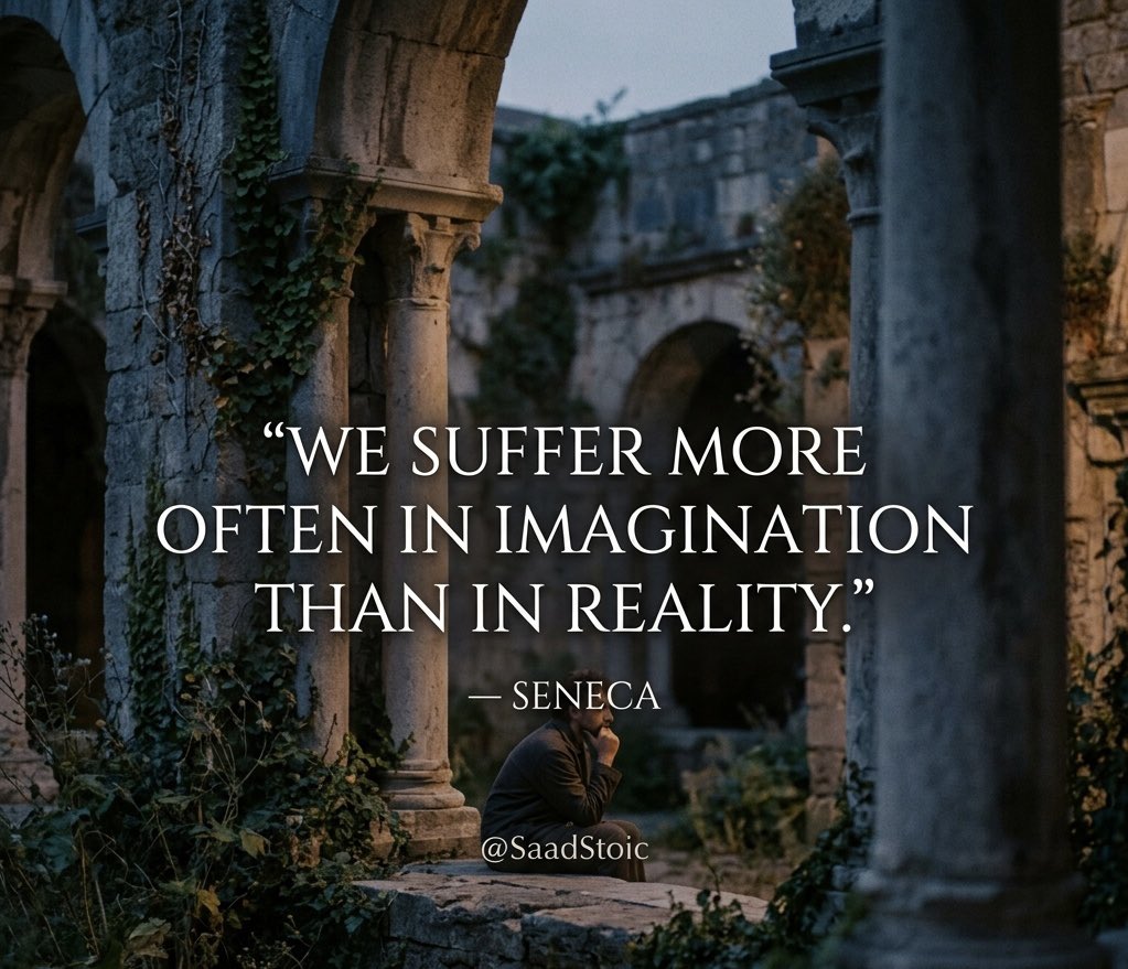 SaadStoic's tweet photo. 90% of the anxiety you feel right now is about scenarios that will never happen. Stop letting your mind torture you over imaginary outcomes.
Face the present. Deal with reality as it is, not as your fear creates it. 🧠🏛️
#Stoicism #Mindset #Seneca #MentalStrength https://t.co/1Dns2dDk2W