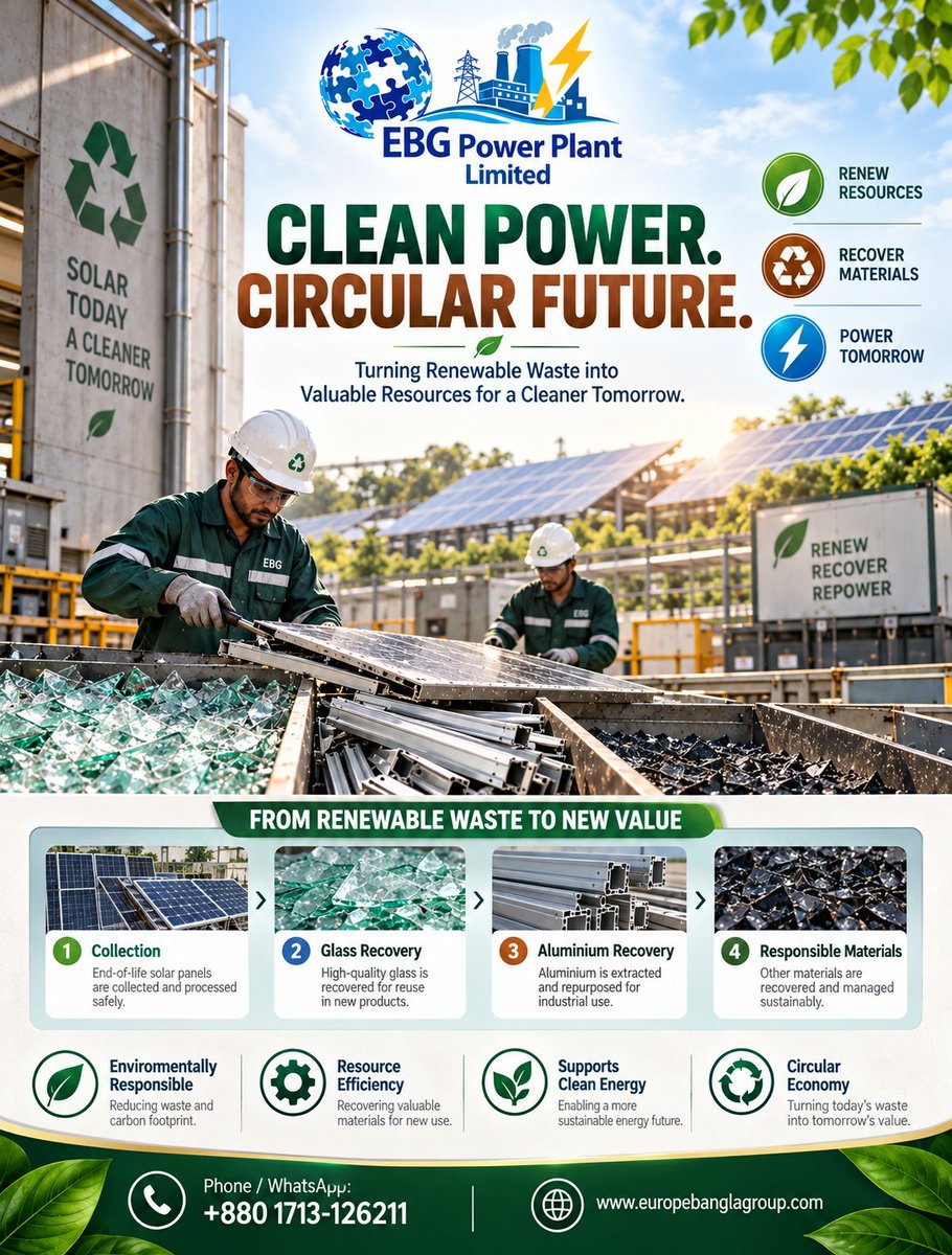 EuropeBangla's tweet photo. EBG Power Plant Limited is highlighting a circular approach to end-of-life solar panels—recovering valuable glass and aluminium while promoting responsible material management.
#CleanEnergy #RenewableEnergy #SolarRecycling #CircularEconomy #ResourceRecovery #Sustainability https://t.co/5c4IsgRPpX