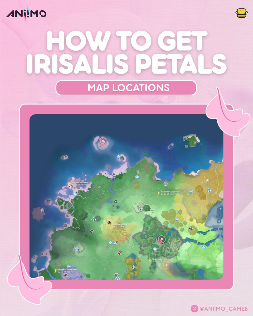 Aniimo_Game8's tweet photo. Track down all Irisalis Petal locations and other ways to get it in Aniimo! 🌸🍃

✦ Overworld Map - Find 8 Irisalis Petals across the map.
✦ Questing & Exploration - Earn them via Main Quests, Journey Quests, Alpha First Clears, and Nurture Branch rewards.
✦ Challenges & Collections - Clear Elite Pathfinders, hit Silver Badges, or catch Prismana Aniimos.
✦ Weekly Shops & Events - Grab them from the Stamp Shop, Breezy Mission Letters, or the Tracing the Trail event.

Used to craft the Legendary Aniipod: Irisalis and Legendary Aniipod: Departure with the Wind or exchange for exclusive shop items! ✨

#Aniimo #Irisalis @Aniimo_EN