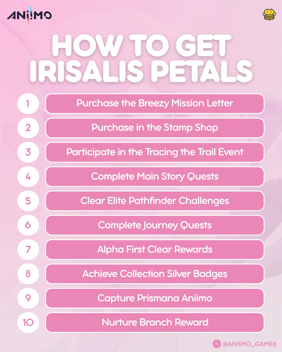 Aniimo_Game8's tweet photo. Track down all Irisalis Petal locations and other ways to get it in Aniimo! 🌸🍃

✦ Overworld Map - Find 8 Irisalis Petals across the map.
✦ Questing & Exploration - Earn them via Main Quests, Journey Quests, Alpha First Clears, and Nurture Branch rewards.
✦ Challenges & Collections - Clear Elite Pathfinders, hit Silver Badges, or catch Prismana Aniimos.
✦ Weekly Shops & Events - Grab them from the Stamp Shop, Breezy Mission Letters, or the Tracing the Trail event.

Used to craft the Legendary Aniipod: Irisalis and Legendary Aniipod: Departure with the Wind or exchange for exclusive shop items! ✨

#Aniimo #Irisalis @Aniimo_EN