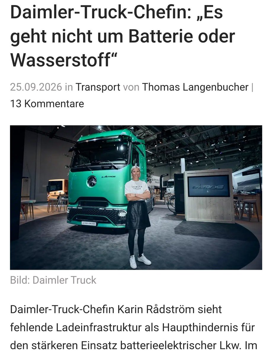 jannis134's tweet photo. Daimler-Truck-Chefin sieht "fehlende Ladeinfrastruktur als Haupthindernis für batterieelektrische Lkw".

Fazit: Der Tesla Semi kann nicht schnell genug kommen, um dieser alten, trägen und sattgewordenen Industrie in den Allerwertesten zu treten! https://t.co/AiiEpXWS06