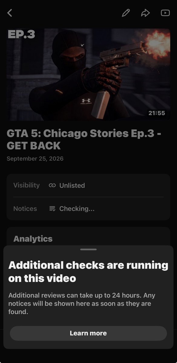 YoBoyRexx's tweet photo. I’ve uploaded a video twice and both times it has told me that the video is running additional “checks” that can last up to 24 hours. It’s been past 24 hours and the status still hasn’t changed from checking for ad to suitability. Help! @TeamYouTube https://t.co/K6eb0DxW8a