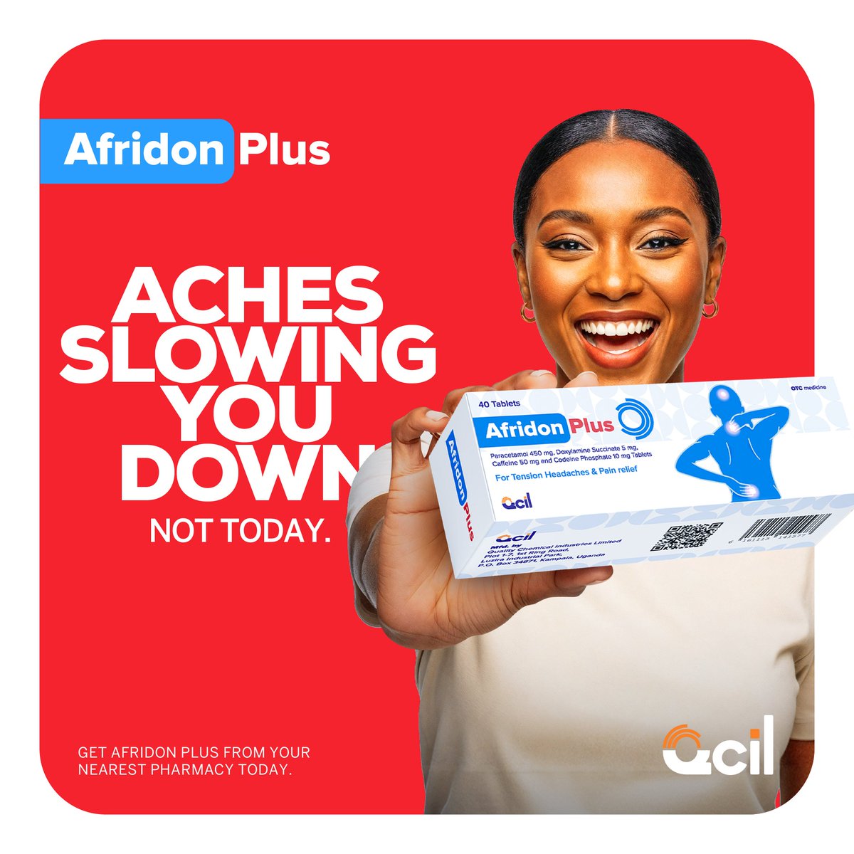 QcilCares's tweet photo. Don't let aches keep you down.

Our trusted formula fights fever and body pain fast, so you can rest easy and heal comfortably.Get Afridon Plus from your nearest pharmacy today.

#NoPainMoreGain #LifeAfterWell #KeepingAfricaAlive https://t.co/9MGWjFIYhW