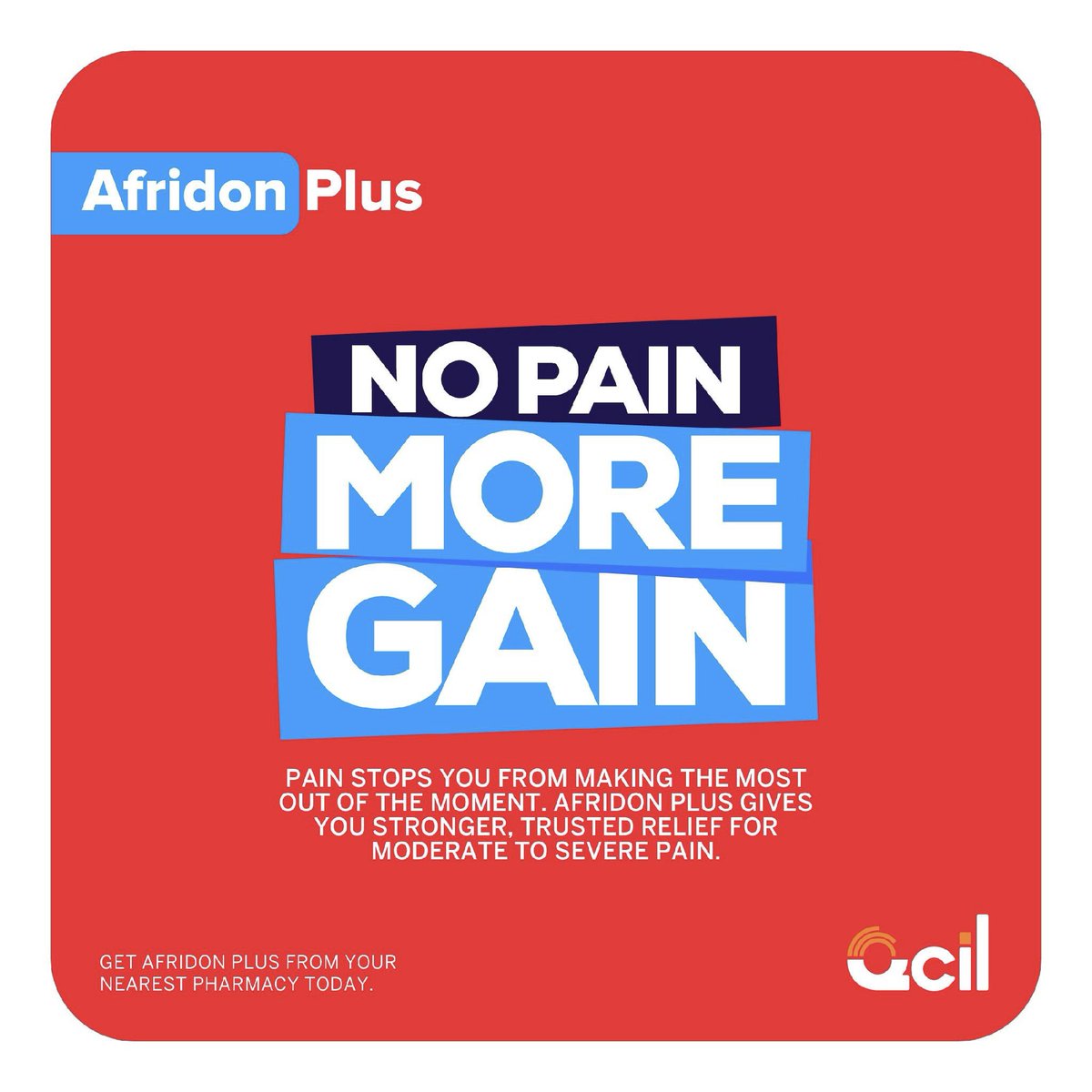 QcilCares's tweet photo. Don't let aches keep you down.

Our trusted formula fights fever and body pain fast, so you can rest easy and heal comfortably.Get Afridon Plus from your nearest pharmacy today.

#NoPainMoreGain #LifeAfterWell #KeepingAfricaAlive https://t.co/9MGWjFIYhW