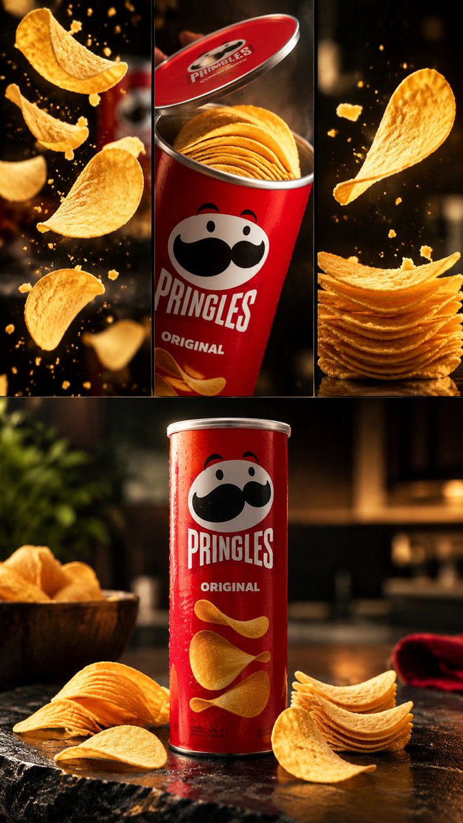 1H77k's tweet photo. Prompt:

Create a 10-second ultra-realistic cinematic food commercial featuring a can of Pringles Original Potato Chips, vertical 9:16, premium advertising style, photorealistic 4K quality.

0–2 sec: Extreme macro shot of crispy golden Pringles chips falling gracefully in slow motion against a dark, elegant background. Tiny crumbs sparkle as they fall, with dramatic studio lighting.

2–5 sec: The camera smoothly pushes toward a Pringles can as the lid opens. Fresh golden chips rise slightly from the can, revealing their iconic curved shape and realistic crispy texture.

5–8 sec: One perfect Pringles chip spins through the air in slow motion and lands on a small stack of chips. Subtle crumbs scatter naturally, with rich golden highlights and shallow depth of field.

8–10 sec: Hero product shot — the Pringles can stands upright surrounded by a few crispy chips on a dark premium surface. The camera slowly moves closer while soft cinematic light creates a luxurious glow around the product.

Add realistic crunch texture, subtle motion blur, detailed chip surface, natural shadows, shallow depth of field, dramatic commercial lighting, smooth camera movement, high-end food advertising aesthetic, no people, no extra text, no distorted packaging.