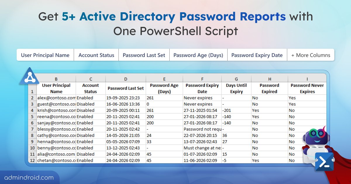 AdmiinDroid's tweet photo. Tracking password expiry in #ActiveDirectory can be tedious!

This #PowerShellScript generates 5+ password expiry reports, finds expired/expiring passwords, detects non-expiring accounts, filters users/OUs, and exports results to CSV.

#AdminDroid #PasswordReporting https://t.co/Zjo6TRtSig