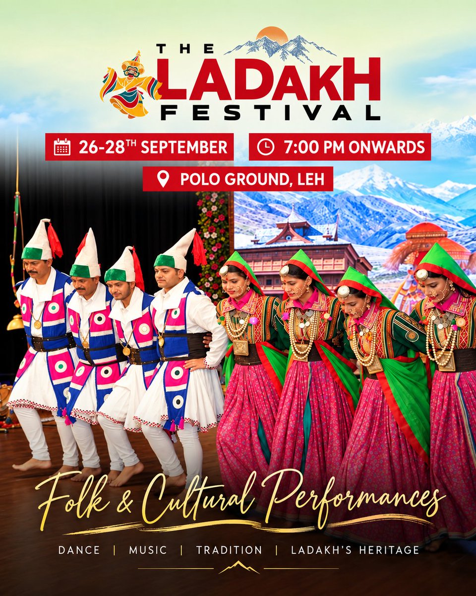 Ladakh_Updates's tweet photo. Experience the vibrant traditions of Himachal Pradesh as Gaddi Nati brings its colours to the Ladakh Festival. 🏔️💃

📅 26–28 September 2026
📍 Polo Ground, Leh
🕖 7:00 PM onwards https://t.co/28UcqlqEb5