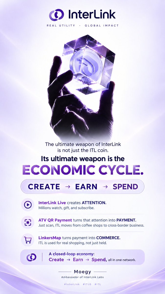 AidropDrop55053's tweet photo. The ultimate weapon of InterLink is not just the ITL coin.

Its ultimate weapon is the ECONOMIC CYCLE.

InterLink Live creates ATTENTION. Millions watch, gift, and subscribe.

ATV QR Payment turns that attention into PAYMENT.
#interlink #ITLG #itl https://t.co/EUCH0Ir2GF
