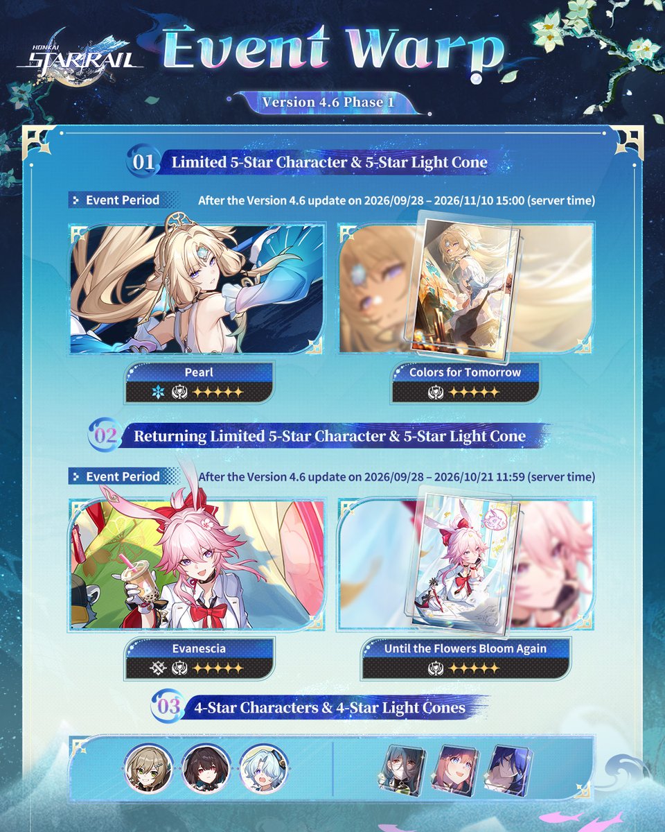 honkaistarrail's tweet photo. Version 4.6 Event Warp: Phase I

Hello, Trailblazers!
The drop rates for the limited 5-star character Pearl (Elation: Ice) and the limited 5-star Light Cone "Colors for Tomorrow (Elation)" will be boosted for a limited time. The drop rates for the 4-star characters Qingque (Erudition: Quantum), Xueyi (Destruction: Quantum), and Misha (Destruction: Ice), as well as the 4-star Light Cones "Post-Op Conversation (Abundance)," "Planetary Rendezvous (Harmony)," and "Boundless Choreo (Nihility)" will be boosted for a limited time. The Warp period is from after the Version 4.6 update on 2026/09/28 – 2026/11/10 15:00 (server time).
The limited 5-star character Evanescia (Elation: Physical) and the limited 5-star Light Cone "Until the Flowers Bloom Again (Elation)" will return. The Warp period is from after the Version 4.6 update on 2026/09/28 – 2026/10/21 11:59 (server time).

Learn more:
https://t.co/GSY6hKqDfN

#HonkaiStarRail #StarRail
