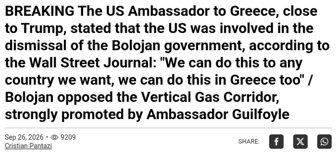 Daractenus's tweet photo. US Ambassador to Greece and former fiancée of Donald Trump Jr., Kimberly Guilfoyle, admitted in an interview for a Greek publication that the US was behind the collapse of the Romanian government because of its refusal to purchase US gas at above-market prices. https://t.co/pUUjCn6Chv