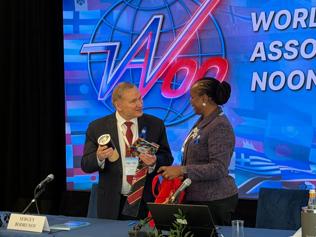officialmakshop's tweet photo. A proud Makerere moment at the World Association of Noonomy Conference. Prof. Sergey Bodrunov, President of the World Association of Noonomy, received a Makerere University tie from the Makerere Souvenir &amp; Gift Shop, presented by Prof. Sarah Ssali, DVC Academic &amp; Student Affairs https://t.co/4dCvOKG5Ld