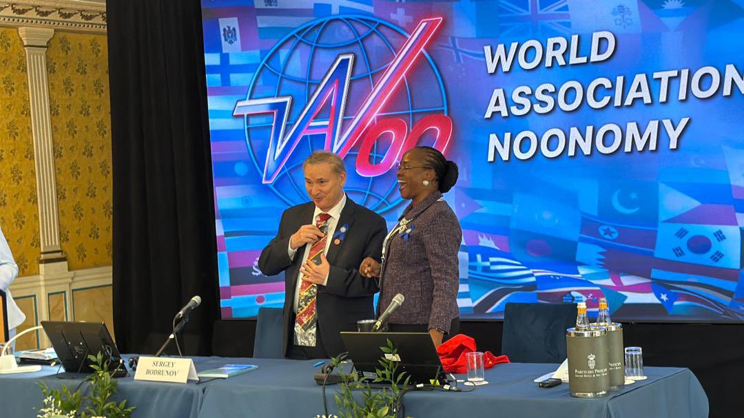 officialmakshop's tweet photo. A proud Makerere moment at the World Association of Noonomy Conference. Prof. Sergey Bodrunov, President of the World Association of Noonomy, received a Makerere University tie from the Makerere Souvenir &amp; Gift Shop, presented by Prof. Sarah Ssali, DVC Academic &amp; Student Affairs https://t.co/4dCvOKG5Ld