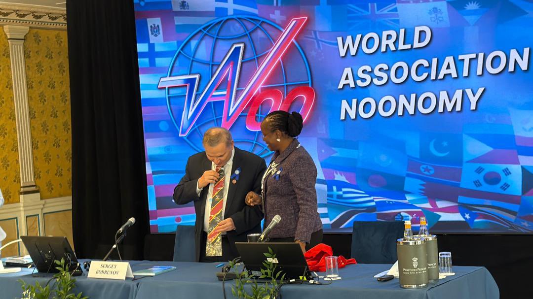 officialmakshop's tweet photo. A proud Makerere moment at the World Association of Noonomy Conference. Prof. Sergey Bodrunov, President of the World Association of Noonomy, received a Makerere University tie from the Makerere Souvenir &amp; Gift Shop, presented by Prof. Sarah Ssali, DVC Academic &amp; Student Affairs https://t.co/4dCvOKG5Ld