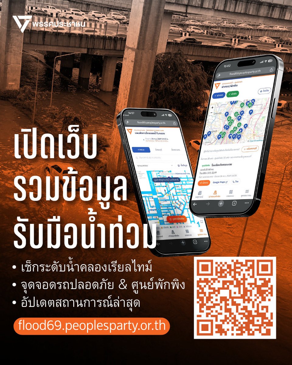 PPLEThai's tweet photo. น้ำท่วมตรงไหน? ระดับน้ำคลองเท่าไร?  พรรคประชาชนเปิดเว็บไซต์ Flood69
รวมข้อมูลสถานการณ์น้ำท่วม ไว้ให้ประชาชนติดตามและรับมือได้ทันที
.
จากสถานการณ์ฝนตกหนักสะสมอย่างต่อเนื่องหลายชั่วโมงประกอบกับน้ำในคลองสายหลักเริ่มเอ่อล้นตลิ่ง ทำให้เกิดน้ำท่วมขังหลายพื้นที่ จนส่งผลกระทบต่อการดำเนินชีวิตของผู้ที่ประสบภัยเป็นอย่างมาก
.
เพื่อให้ประชาชนสามารถประเมินและรับมือกับสถานการณ์น้ำได้อย่างทันท่วงที พรรคประชาชนได้รวบรวมข้อมูลสำคัญไว้ที่เดียวที่ 
👉 https://t.co/I4KoEuSexC
.
💻 ภายในเว็บไซต์ประกอบด้วย:

📌 อัปเดตข่าวสารทันเหตุการณ์ โดยรวบรวมข่าวสำคัญจาก โซเชียลมีเดียว และการรายงานจากสส./สก.ของพรรคประชาชน เครือข่ายพื้นที่ ผ่านแฮชแท็ก ⁠#PPLEFLOOD69⁠

📌รวบรวมลิงก์ระบบของทั้งภาครัฐและเอกชนที่เป็นประโยชน์ในการประเมินสถานการณ์น้ำท่วมขัง ในแต่ละพื้นที่

📌 เช็กระดับน้ำคลองผ่านระบบรายงานสถานการณ์น้ำในคลองแต่ละแห่งแบบเรียลไทม์ ณ ขณะนี้เว็บไซต์ของกรุงเทพมหานครที่ยังเข้าถึงได้ยาก พรรคประชาชนจึงได้รวบรวมข้อมูลระดับน้ำในคลองต่างๆที่มีการรายงานบนเว็บไซต์ของกรุงเทพมหานคร เพื่อให้ประเมินได้ทันทีว่าคลองที่อยู่ใกล้เคียงนั้นเสี่ยงเข้าขั้นวิกฤตแล้วหรือไม่

📌รวบรวมตำแหน่งจุดจอดรถปลอดภัยในพื้นที่สูง รวมถึงศูนย์พักพิงชั่วคราวเพื่อรองรับประชาชนที่ได้รับผลกระทบ
.
พรรคประชาชนขอส่งกำลังใจให้พี่น้องในทุกพื้นที่ และขอร่วมเป็นส่วนหนึ่งในการช่วยประสานและเฝ้าระวังสถานการณ์น้ำท่วมครั้งนี้อย่างเต็มที่
.
#PPLEFLOOD69